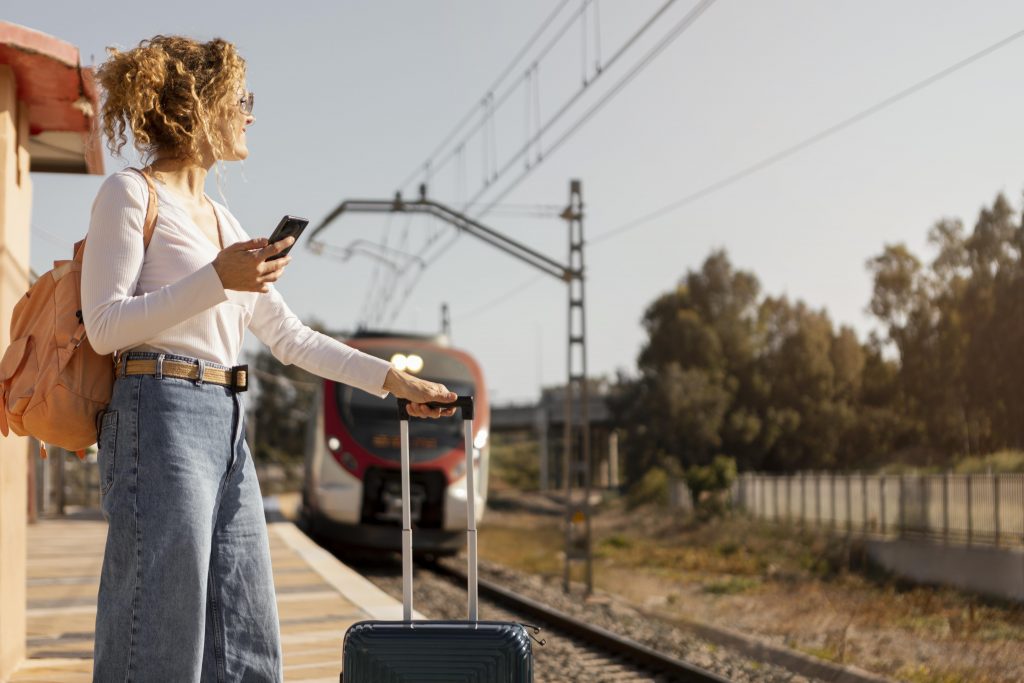 Une cliente attendant sur le quai de la gare pour son départ en voyage.