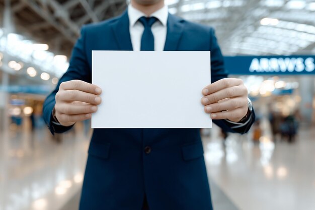 Chauffeur privé VTC avec pancarte d'accueil nominative dans le hall de l'Aéroport de Toulouse-Blagnac.